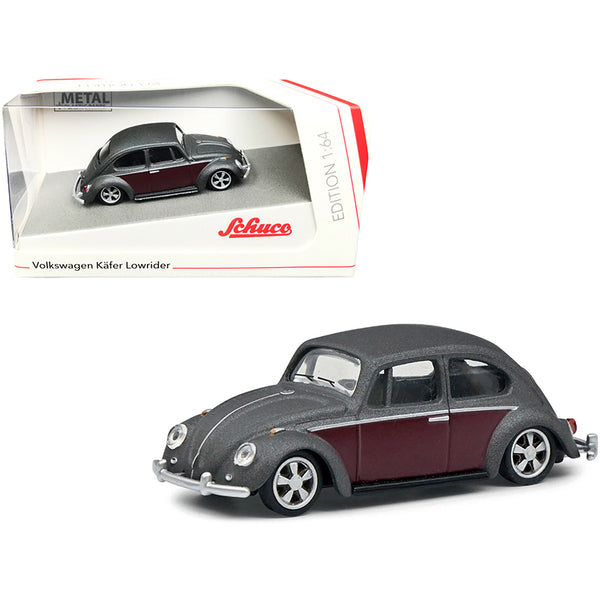 A model of a Volkswagen Beetle Lowrider Matt Gray Metallic with Burgundy Sides 1/64 Diecast Model Car by Schuco in a box.