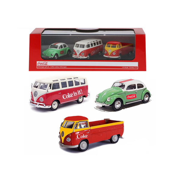 Volkswagen "Coca-Cola" Gift Set of 3 pieces 1/72 Diecast Model Cars by Motorcity Classics, coca cola and coca cola minibuses in a box.