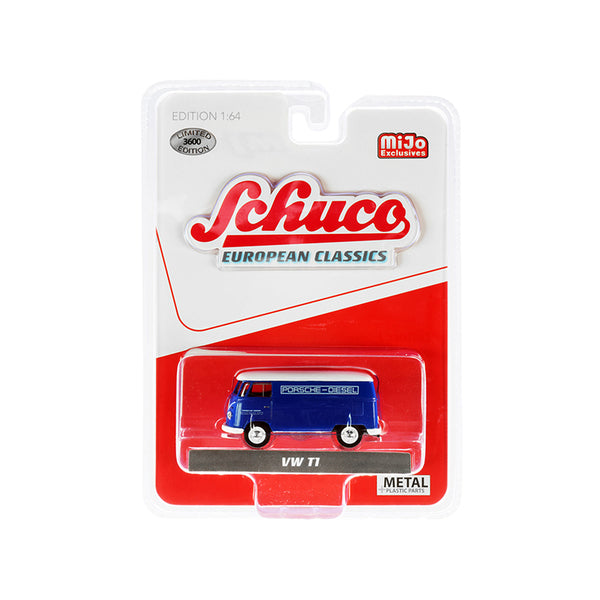 A Volkswagen T1 Panel Bus "Porsche Diesel" Blue with White Top "European Classics" Series Limited Edition to 3600 pieces Worldwide 1/64 Diecast Model by Schuco in a package.