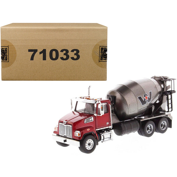 A Western Star 4700 SF Concrete Mixer Truck Metallic Red with Gray Body 1/50 Diecast Model by Diecast Masters with a box next to it.