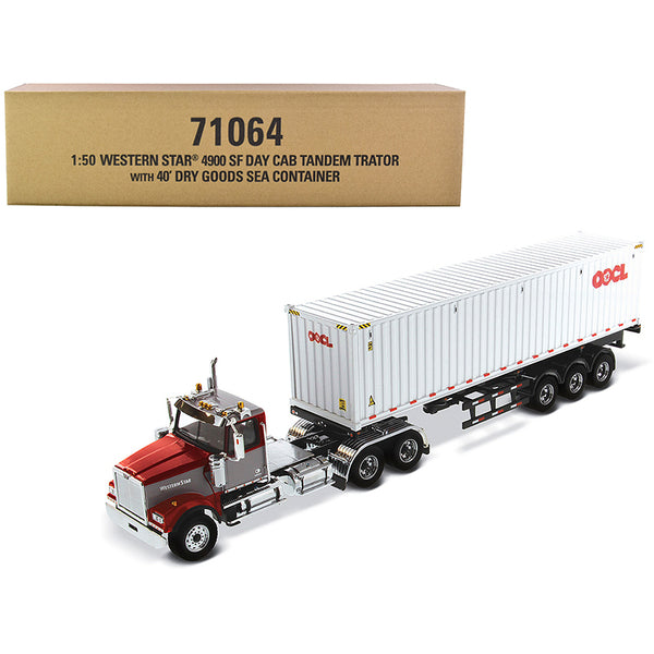 A model of a Western Star 4900 SF Tandem Day Cab Truck Tractor Red and Gray with 40' Dry Goods Sea Container "OOCL" White "Transport Series" 1/50 Diecast Model by Diecast Masters in front of a box.