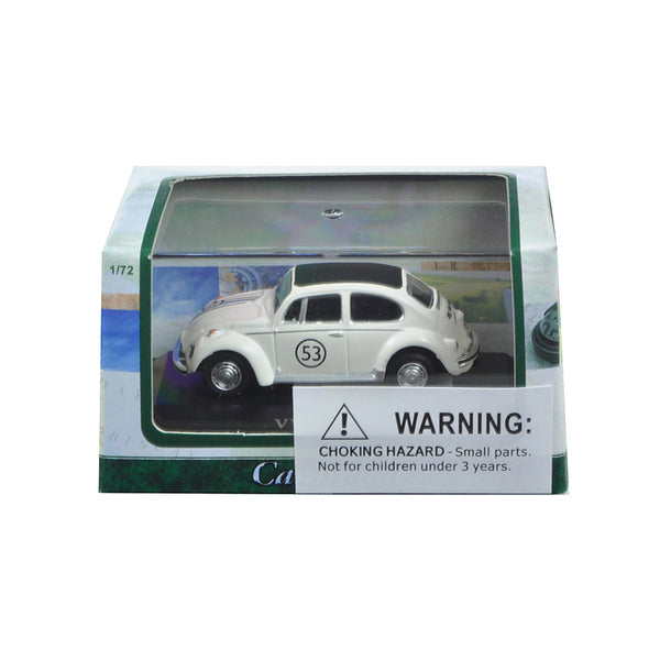A white toy Volkswagen Beetle #53 in Display Case 1/72 Diecast Model Car by Cararama in its packaging.