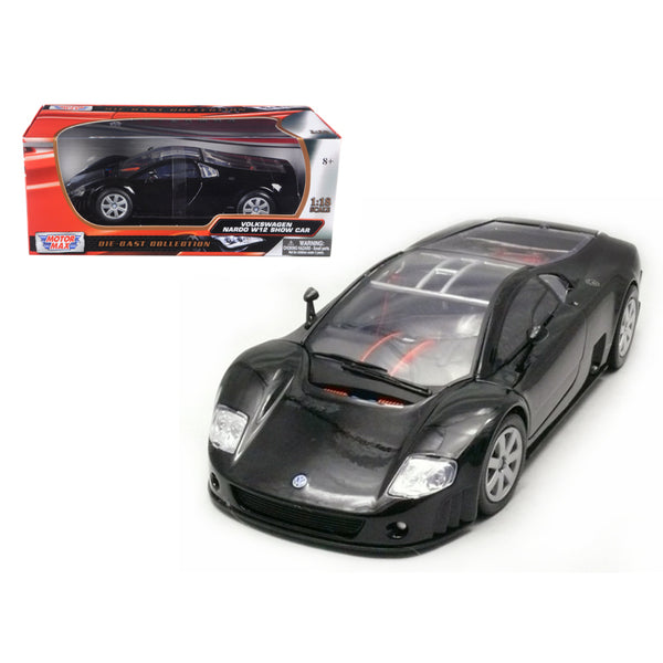 A toy Volkswagen Nardo W12 Show Car Black 1/18 Diecast Model Car by Motormax with a box on it.