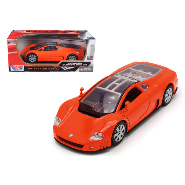 A Volkswagen Nardo W12 Show Car Orange 1/18 Diecast Model Car by Motormax in front of a box.