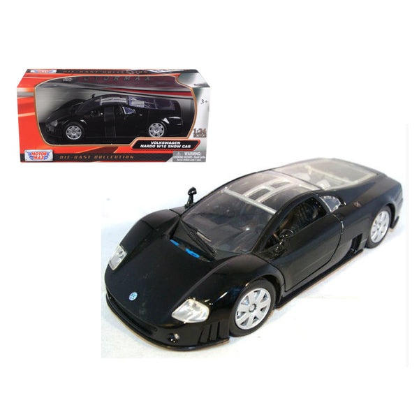 A black Volkswagen Nardo W12 Show Car 1/24 Diecast Model Car by Motormax in front of a box.