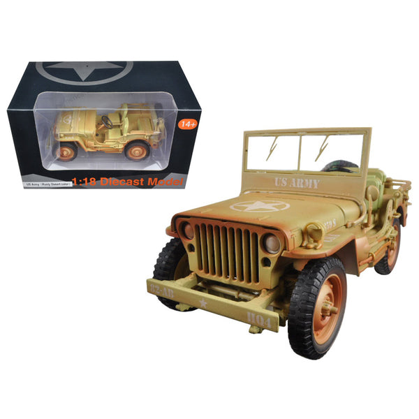 A model of the US Army Vehicle WWII Desert Sand Weathered Version 1/18 Diecast Model Car by American Diorama in front of a box.