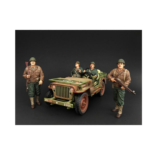A set of US Army WWII 4 Piece Figure Set For 1:18 Scale Models by American Diorama standing next to a jeep.
