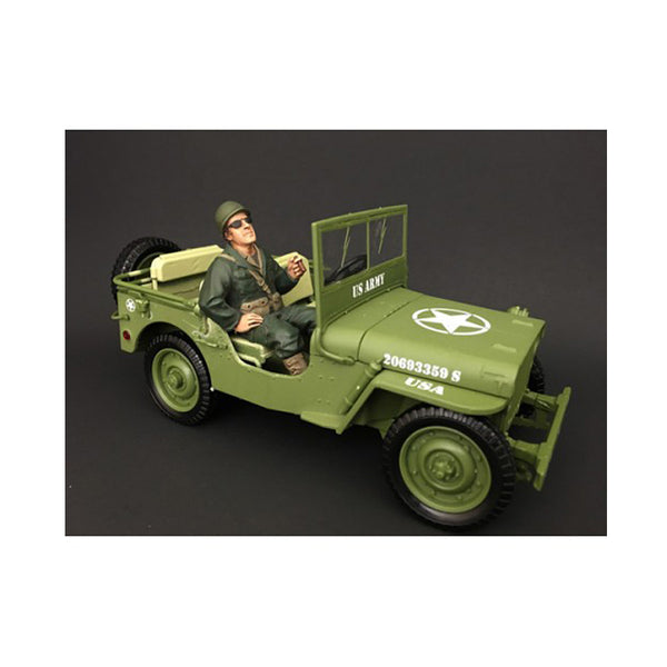 A US Army WWII Figure III For 1:18 Scale Models by American Diorama in a green jeep.