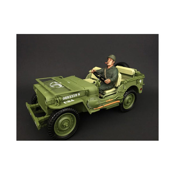 A US Army WWII Figure IV For 1:18 Scale Models by American Diorama in a green jeep.