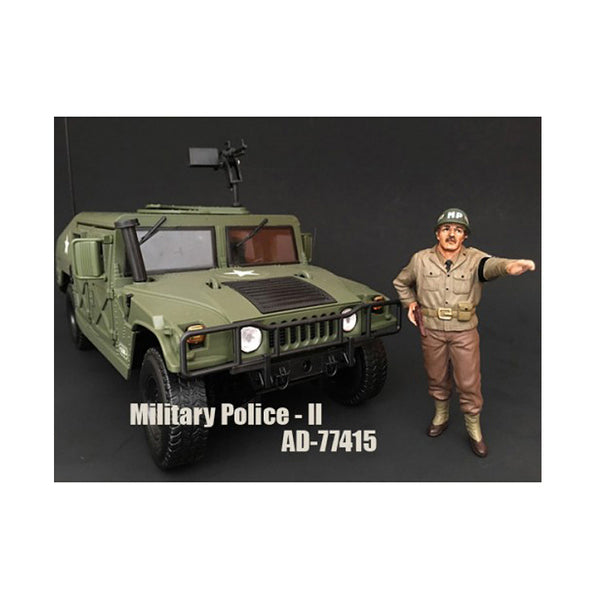 A model of a WWII Military Police Figure II For 1:18 Scale Models by American Diorama with a man pointing to it.