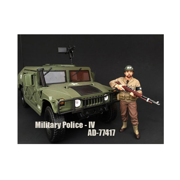 A WWII Military Police Figure IV For 1:18 Scale Models by American Diorama standing next to a military police vehicle.