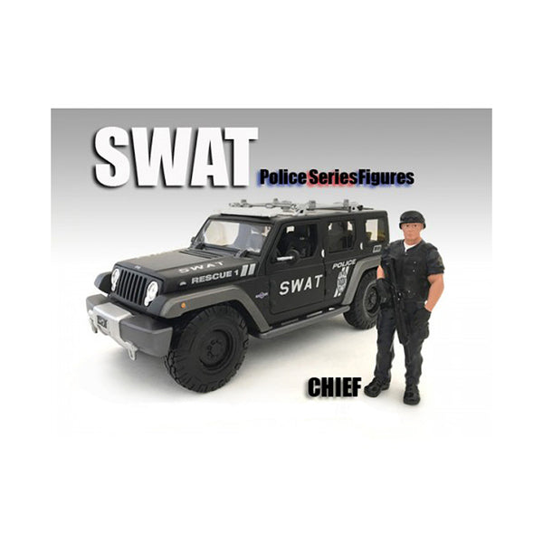 A jeep with the SWAT Team Chief Figure For 1:18 Scale Models by American Diorama standing next to it.