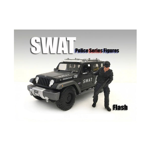 A SWAT Team Flash Figure For 1:18 Scale Models by American Diorama with a police officer in front of it.