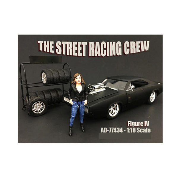 A model of the Street Racing Crew Figure IV For 1:18 Scale Models by American Diorama standing next to a tire.