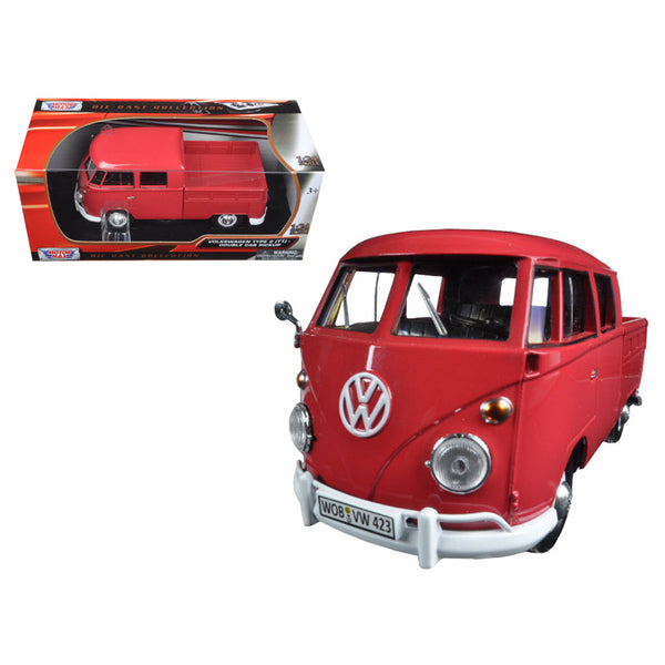 A Volkswagen Type 2 (T1) Double Cab Pickup Truck Wax Red 1/24 Diecast Model Car by Motormax is shown in a box.