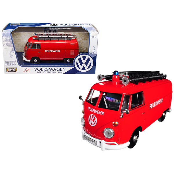 A red Volkswagen Type 2 (T1) Fire Van "Feuerwehr" next to a box.