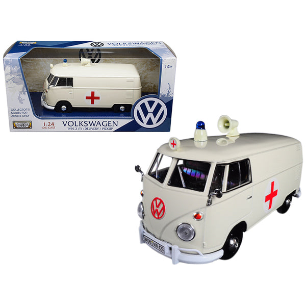 A white Volkswagen Type 2 (T1) Ambulance Cream 1/24 Diecast Model by Motormax is shown next to a box.