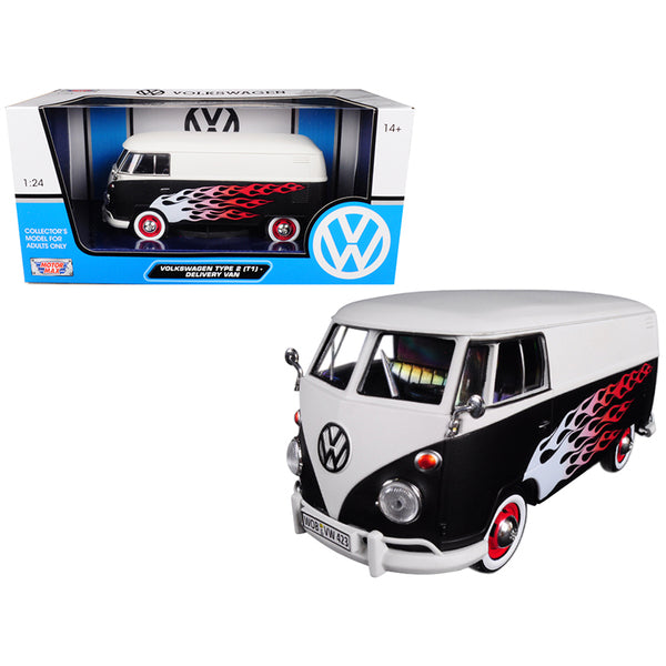 A black and white Volkswagen Type 2 (T1) Delivery Van with Flames 1/24 Diecast Car Model by Motormax.