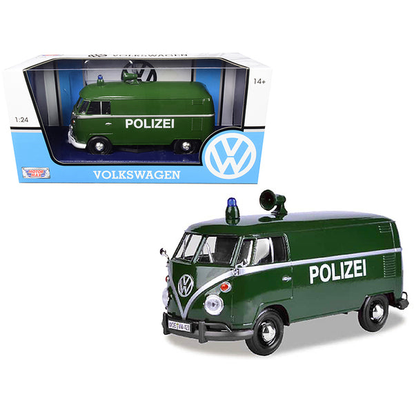 A Volkswagen Type 2 (T1) Police Van "Polizei" Dark Green 1/24 Diecast Model Car by Motormax in front of a box.