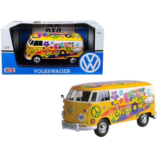 A yellow Volkswagen Type 2 (T1) Delivery Van "Flower Power" with a flower design on it, 1/24 Diecast Model Car by Motormax.