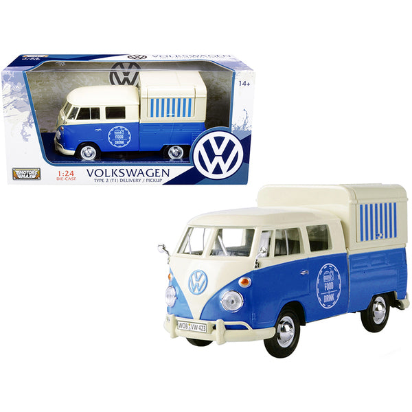 A cream and blue Volkswagen Type 2 (T1) Pickup Food Truck next to a box.