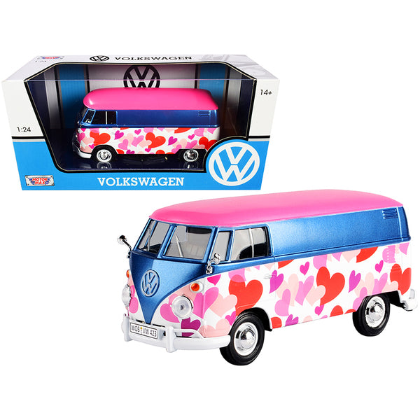 A Volkswagen Type 2 (T1) Delivery Van "Love" Pink and Blue Metallic 1/24 Diecast Model Car by Motormax in a box.