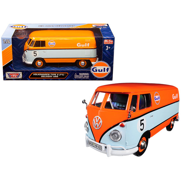 An orange and white Volkswagen Type 2 (T1) Delivery Van #5 "Gulf" Orange and Light Blue 1/24 Diecast Model Car by Motormax in front of a box.