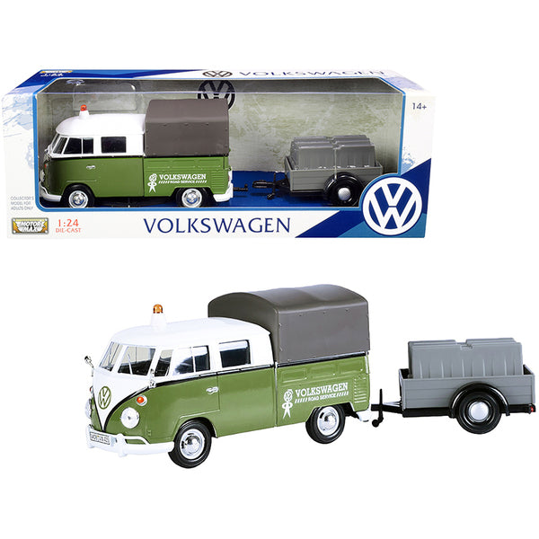 A green Volkswagen T1 Pickup with Canopy Green and White with Trailer "Road Service" 1/24 Diecast Model Car by Motormax camper van with a trailer.