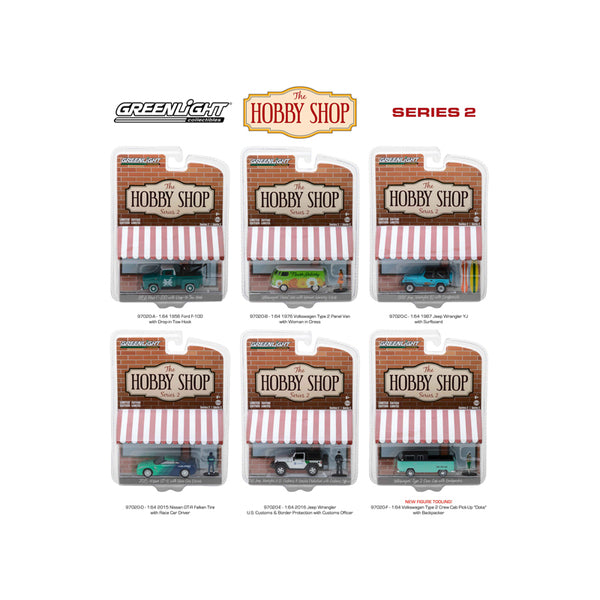 A set of six The Hobby Shop Series 2, 6pc Set 1/64 Diecast Model Cars by Greenlight in a package.