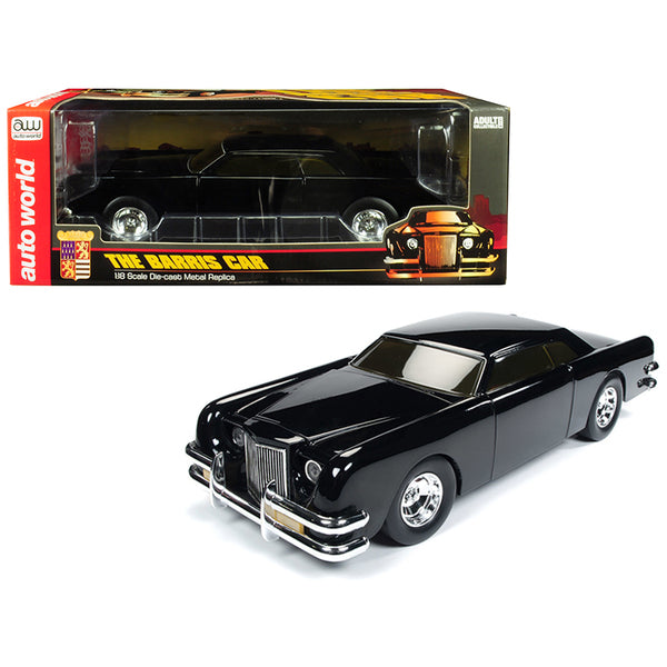 The Barris Car Black Sparkle 1/18 Diecast Model Car by Autoworld in front of a box.