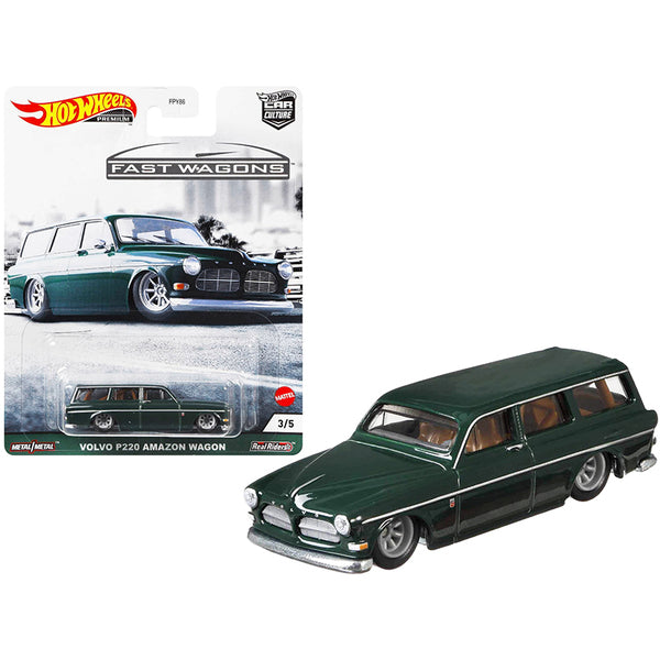 A Volvo P220 Amazon Wagon Dark Green "Fast Wagons" Series Diecast Model Car by Hot Wheels in a package.