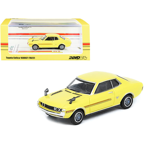 A Toyota Celica 1600GT (TA22) RHD (Right Hand Drive) Yellow with Red Stripes 1/64 Diecast Model Car by Inno Models in front of a box.