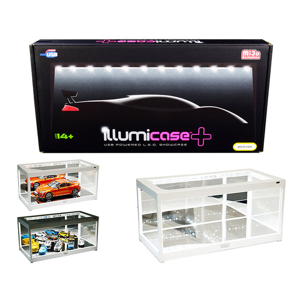 A box with a White Collectible Display Show Case Illumicase+ with LED Lights and Mirror Base and Back for 1/64 1/43 1/32 1/24 1/18 Scale Models by Illumibox in it and a box with a car in it.