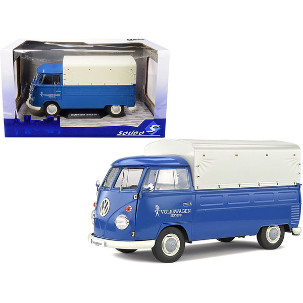 A blue and white Volkswagen T1 Pickup Truck Blue with Canopy "Volkswagen Service" 1/18 Diecast Model Car by Solido.