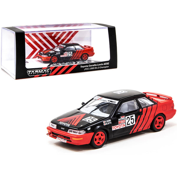 A Toyota Corolla Levin AE92 #25 K. Suzuki - M. Nitta "Advan TRD" JTCC Div. 3 Champion (1990) 1/64 Diecast Model Car by Tarmac Works in a box next to a box.