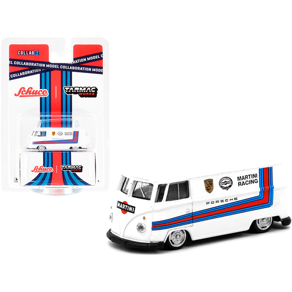 A Volkswagen T1 Van Low Ride Height White with Stripes "Martini Racing" "Collaboration Model" 1/64 Diecast Model Car by Schuco & Tarmac Works in front of a package.