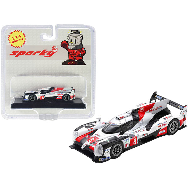 A red and white Toyota TS050 Hybrid #8 Toyota Gazoo Racing Winner 24 Hours of Le Mans (2019) 1/64 Diecast Model Car by Sparky in a package.