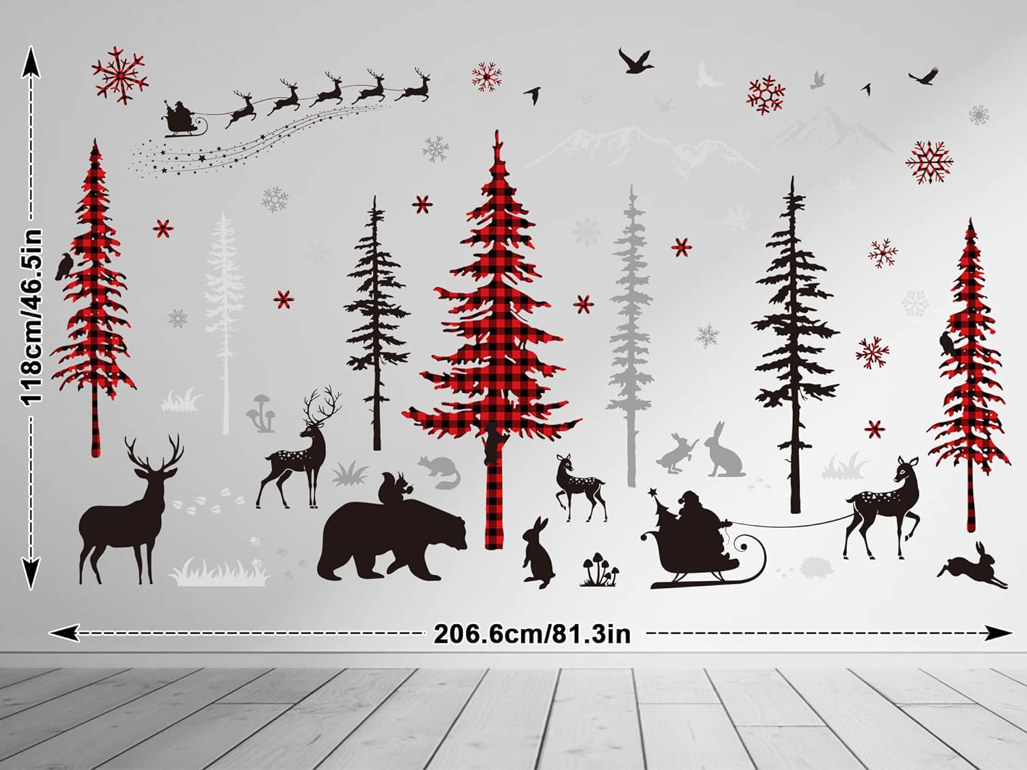 Christmas Wall Stickers Roll Red Black Plaid Xmas Tree Wall Floor Decor Forests Animals Prints Waterproof Art Wallpaper Winter Scenes Double Side Window Decals for Xmas DIY Home Party Decor