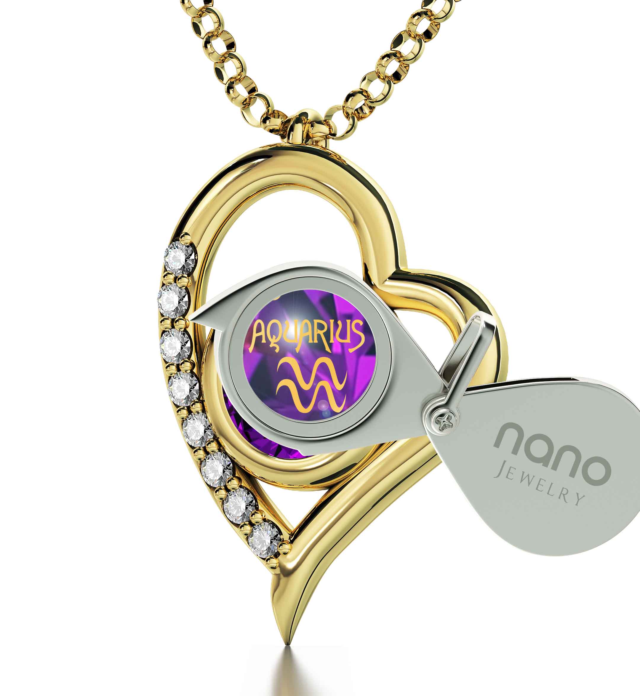 A decorative Gold Plated Silver Zodiac Heart Pendant Aquarius Necklace with a golden depiction of the water bearer, centered on a purple, Swarovski crystal background, encased in a gold frame.