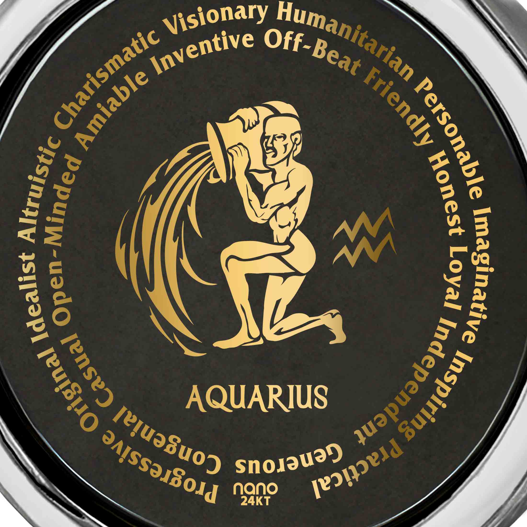 Circular Aquarius necklace featuring the Aquarius Necklaces for Lovers of the Zodiac with descriptive text and an emblem, hanging from a silver chain, accompanied by a tag.