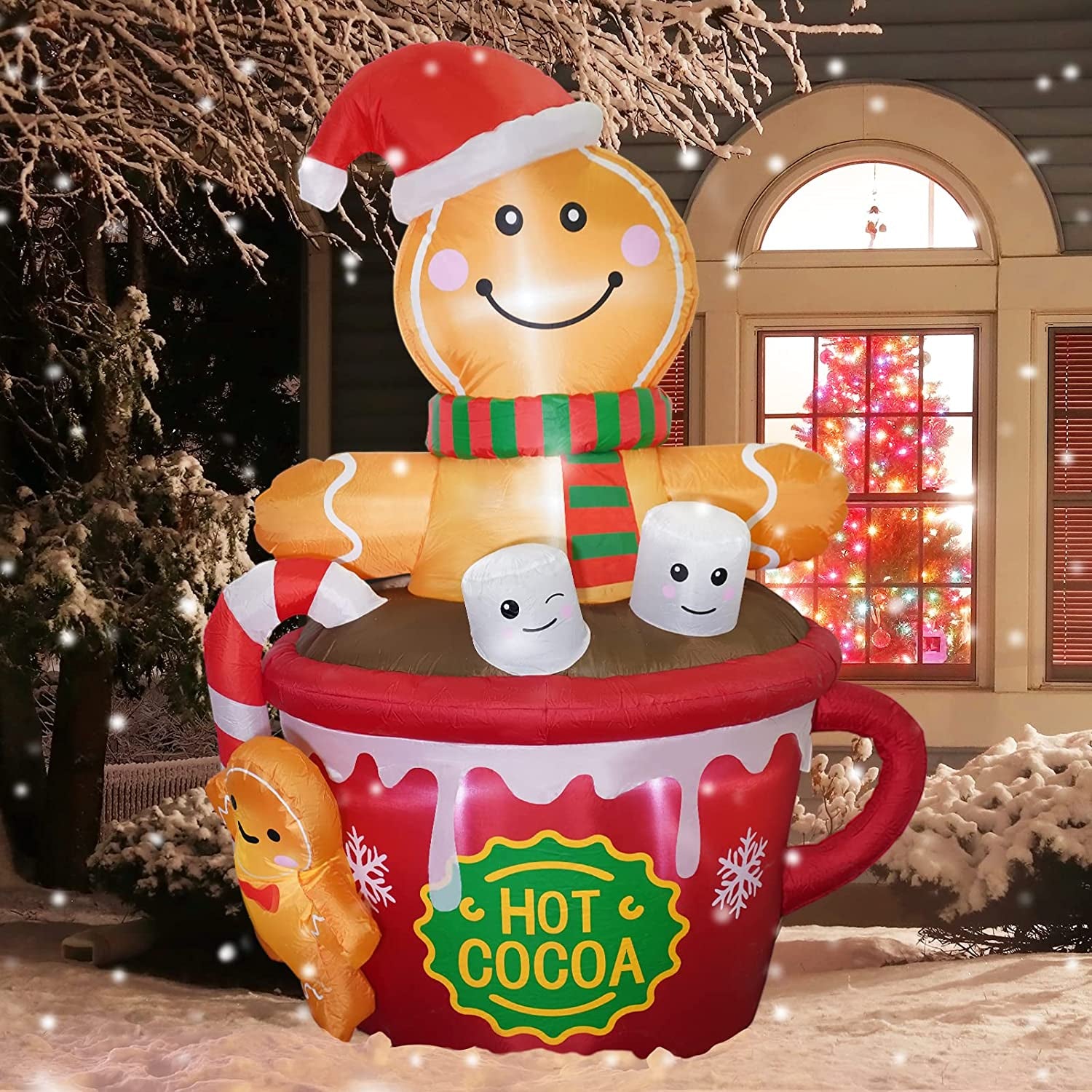 6 FT Christmas Inflatables Outdoor Decorations, Cute Christmas Blow up Yard Decorations Gingerbread Man in Hot Cocoa Mug Scene for Garden Lawn Xmas Decor