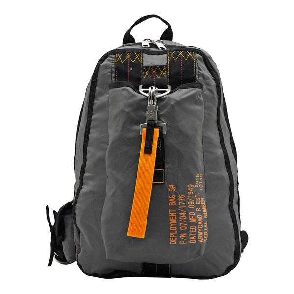 A Tactical Parachute Airborne Assault Backpack - Grey Sky with orange straps on it.