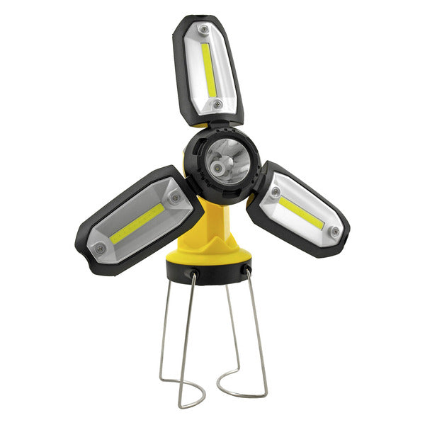 A yellow and black Sputnik Satellite Style Multi-Functional Ultra Bright COB LED Mini Work Light Lantern - Assorted... on a stand.