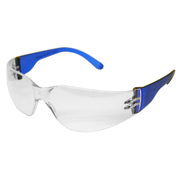 A pair of Starlite Gumball Safety Glasses with clear lenses and blue frames.