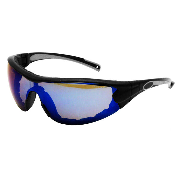 A pair of Swap Safety Glasses with adjustable head strap and blue mirrored lenses.