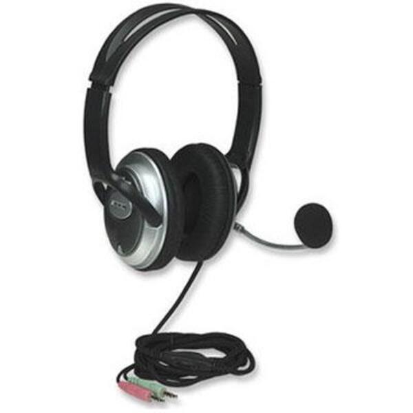 A black stereo headset with a Flexible Metal Boom Microphone attached to it.