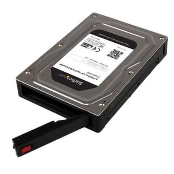 A StarTech.com 2.5" to 3.5" SATA Aluminum Hard Drive Adapter Enclosure with SSD / HDD Height up to 12.5mm on a white background.