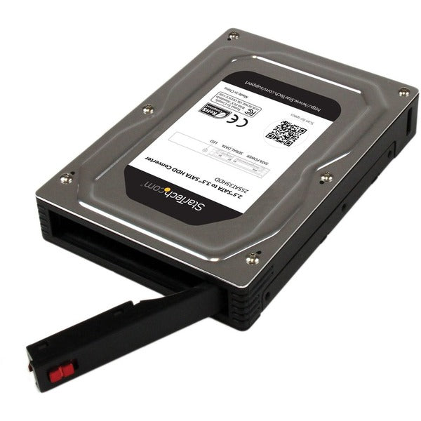 A StarTech.com 2.5" to 3.5" SATA Aluminum Hard Drive Adapter Enclosure with SSD / HDD Height up to 12.5mm on a white background.