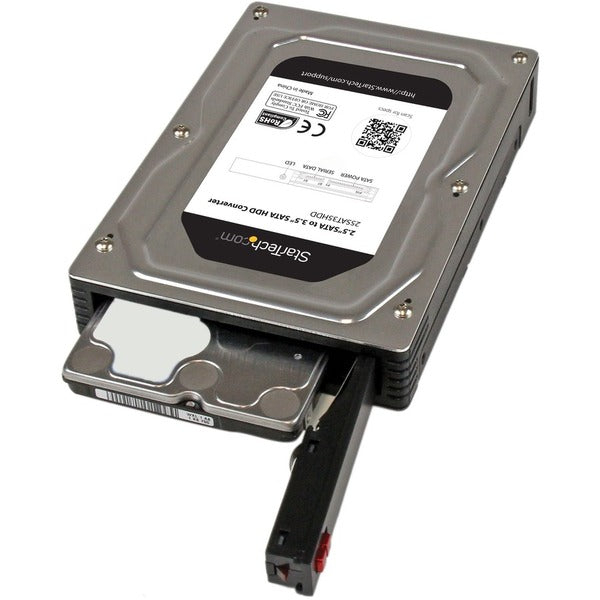 A StarTech.com 2.5" to 3.5" SATA Aluminum Hard Drive Adapter Enclosure with SSD / HDD Height up to 12.5mm on a white background.