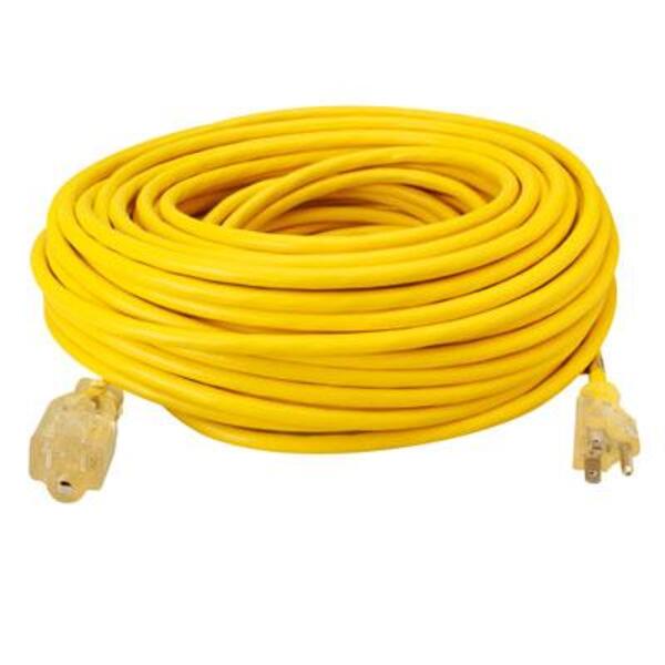 A yellow Southwire Power Extension Cord on a white background.